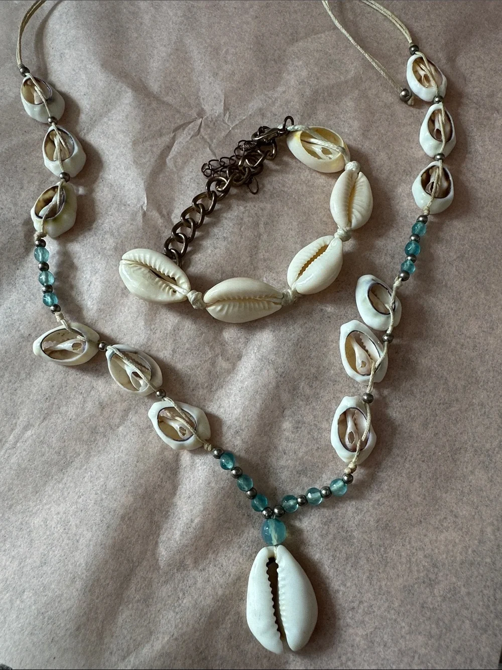 Blue Crush Summer Handcrafted White Cowrie Shell Necklace and bracelet set